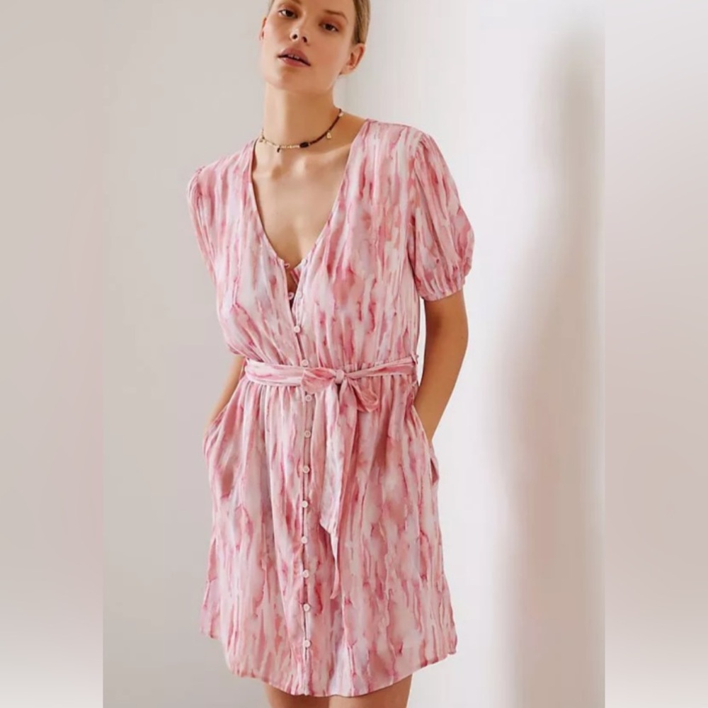 Cloth & Stone Anthropologie Cutout Mini Dress pink tie-dye/watercolor size small - Picture 2 of 15